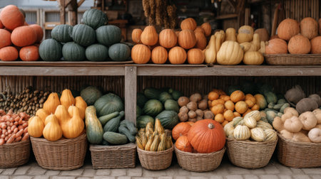 This image captures an inviting array of fresh vegetables at a local market, showcasing a colorful selection of seasonal produce arranged in baskets under natural light.の素材