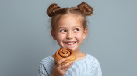 A cheerful child holds a freshly baked cinnamon roll, displaying a joyful expression. The soft blue background enhances the warm, inviting atmosphere, ideal for food photography.の素材