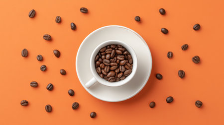 A vibrant composition featuring a white cup filled with roasted coffee beans on a bright orange background, ideal for food and beverage photography to evoke warmth and flavor.の素材