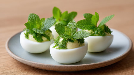 Delight in these herb-infused deviled eggs garnished with fresh mint, perfect for gatherings. A minimalist dish that balances elegance and flavor.の素材