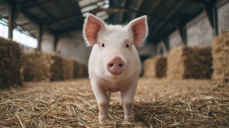 A charming pink piglet stands in a rustic barn surrounded by straw bales, embodying the essence of farm life. Ideal for conveying rural joy and innocence.の素材