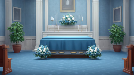 A calm and respectful funeral setting featuring a beautifully arranged casket with floral decorations in a soothing blue room, suitable for memorial tributes.の素材
