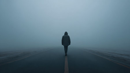 A solitary figure walks down an empty road surrounded by dense fog, creating a mysterious and introspective atmosphere filled with uncertainty and solitude.の素材