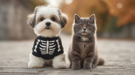 A delightful scene featuring a small dog in a skeleton costume sitting beside a charming gray cat, creating an enchanting moment in a picturesque autumn park.の素材