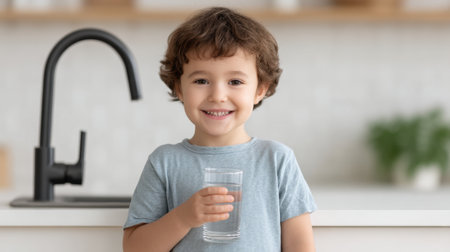 Bright and cheerful young child smiles while holding a glass of clear water in a modern kitchen. This image captures the essence of healthy hydration and joyful living.の素材