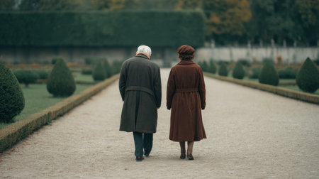 A serene moment captured of a mature couple walking together in a beautifully landscaped garden, showcasing their bond amidst vibrant autumn colors and tranquility.の素材