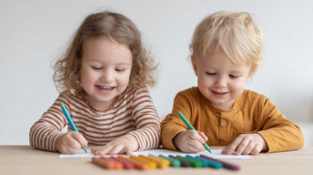 Two joyful children are deeply engaged in an art project, happily drawing with crayons on a smooth tabletop, showcasing their creativity and enthusiasm.の素材