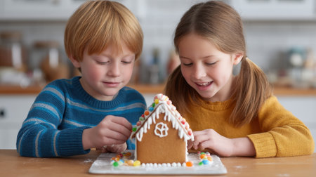 Two children engage in a delightful activity of building a gingerbread house, showcasing creativity with colorful candy decorations in a cozy kitchen atmosphere.の素材