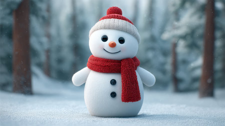 A lively snowman smiles in a snowy forest, adorned with a red hat and scarf. This delightful winter scene captures the essence of holiday joy and festive spirit.の素材