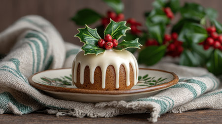 This charming miniature cake features glossy icing and festive holly decoration, perfect for holiday gatherings. A beautiful centerpiece for any winter celebration.の素材