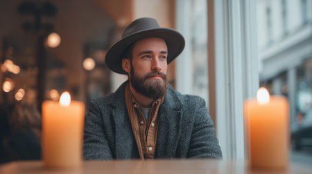 A serene portrait of a man with a beard and stylish hat, captured in a warm cafe, surrounded by glowing candles, creating a peaceful and cozy ambiance.の素材