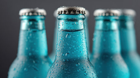 A striking close-up of chilled glass bottles featuring water droplets and silver caps, ideal for themes of refreshment, summer fun, and beverage marketing.の素材