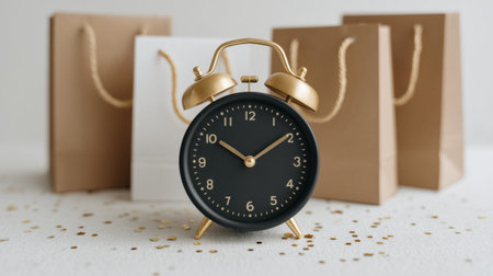 A classic vintage alarm clock in black and gold stands prominently in front of stylish shopping bags in hues of white and brown, creating a festive atmosphere.の素材