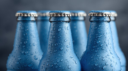 A group of chilled blue bottles adorned with glistening water droplets, set against a softly blurred dark background, ideal for marketing beverage themes and summer vibes.の素材