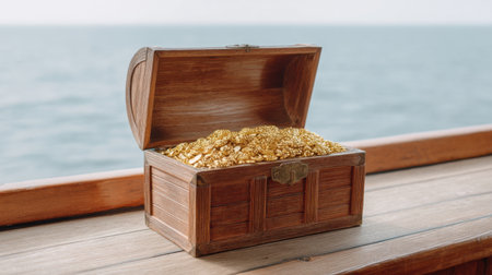 A beautifully crafted wooden treasure chest filled with sparkling gold coins and jewels, positioned on a ship deck, evoking a sense of adventure by the sea.の素材