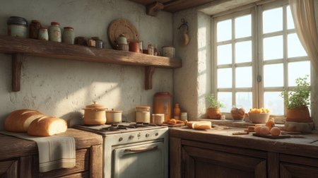 Inviting rustic kitchen scene featuring wooden shelves and warm sunlight, filled with fresh bread, jars, and herbs that create a vibrant and serene atmosphere.の素材