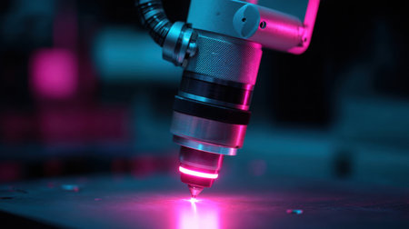 Experience the power of technology with this high-tech laser cutting machine showcasing precision and innovation in vibrant blue and pink lighting effects.の素材