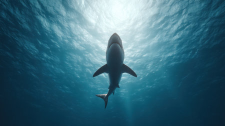A stunning depiction of a shark swimming gracefully under the ocean surface, illuminated by soft sunlight, highlighting the tranquility and beauty of marine life.の素材