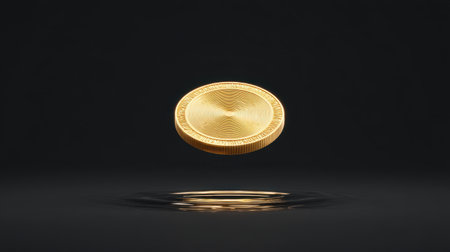 A stunning visualization of a gold coin floating above a water surface, creating ripples that symbolize wealth and prosperity in a minimalistic composition.の素材