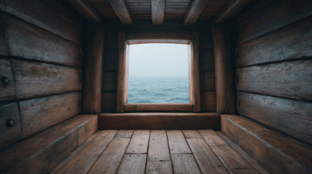 A serene view of the ocean through a wooden porthole in a rustic cabin. The tranquil waters and misty atmosphere create a peaceful escape into nature.の素材