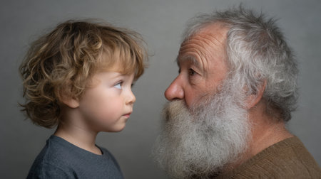 A touching moment unfolds as a young boy gazes at an elderly man. The image captures the innocence of youth and the wisdom of age, highlighting their deep connection.の素材