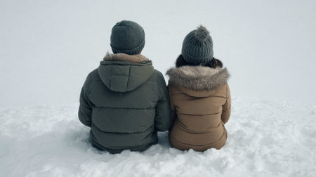 A cozy couple sits closely together in a snowy landscape, capturing the essence of winter romance and companionship against a serene, white backdrop.の素材