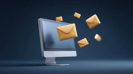 This image illustrates the concept of digital communication with a computer and envelopes flying out, representing the fast-paced exchange of messages in the online world.の素材