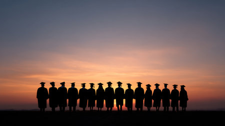 A group of graduates stands in silhouette against a stunning sunset, celebrating their achievements. The scene captures a moment of joy and unity as they embark on their future.の素材