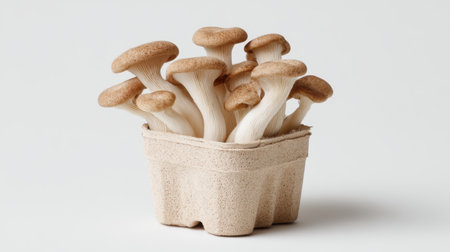 A vivid display of fresh mushrooms arranged in an eco-friendly container, perfect for culinary use and showcasing natural ingredients for healthy meals.の素材
