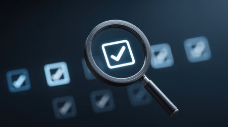 A digital magnifying glass highlights a check mark symbol against a dark backdrop. This image represents assurance and success in various tasks and approvals.の素材