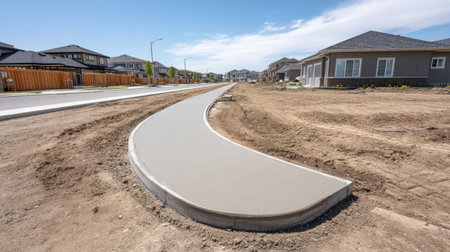 A newly poured sidewalk curves gracefully through a construction site, surrounded by empty land and modern residential homes under a clear blue sky.の素材