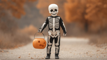 A young child dressed in a skeleton costume joyfully holds a Halloween pumpkin basket, surrounded by vibrant autumn leaves in a peaceful park setting.の素材