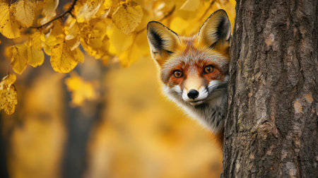 A close-up of a red fox peering out from behind a tree, its fur blending into the autumn foliage, symbolizing the cunning and adaptability of this animal.の素材