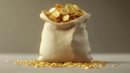 3D model of a money bag bursting with gold coins, symbolizing wealth, prosperity, and financial success, with a sleek and modern design.の素材