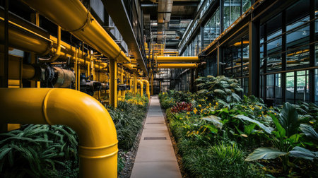 Lush greenery in an industrial space with yellow pipes, showcasing the contrast between vibrant nature and industrial machinery.の素材