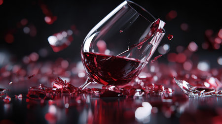 A broken red wine glass with wine spilling across a smooth surface, glass fragments scattered, illustrating a dramatic accidentの素材