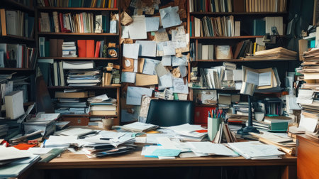 A chaotic office environment with papers scattered, unorganized files, and clutter overtaking the desk, symbolizing disorder at workの素材