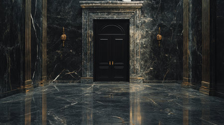 A dramatic black marble room with a towering dark door, exuding a sense of majesty and architectural brillianceの素材