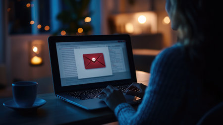 Remote-working businesswoman notices a phishing email alert on her laptop, emphasizing digital security concerns and the dangers of cyber threatsの素材