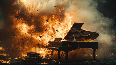 Fire and smoke erupt from a grand piano, creating a powerful and surreal image of musical destruction and apocalyptic energyの素材