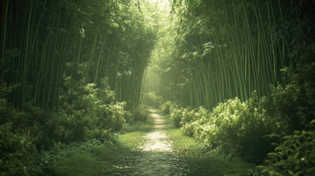 A tranquil bamboo grove with a serene path cutting through the thick, towering green stalks.の素材