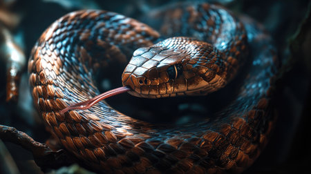 A snake curled up, flicking its tongue, as it rests in its natural habitat, creating an eerie and captivating image.の素材