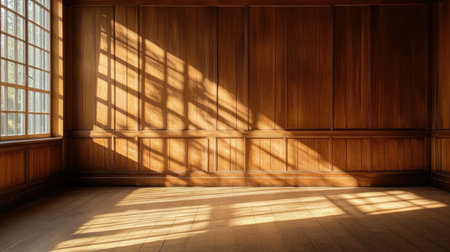 An empty, sunlit room with gentle light creating elegant shadows on a wooden panel wall, offering a tranquil and aesthetically pleasing settingの素材