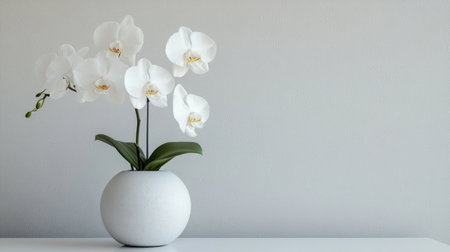 White orchid flowers in a minimalistic vase on a simple desk, representing elegance and natural beautyの素材