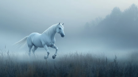 White horse running through a misty field at dawn, symbolizing freedom, grace, and beautyの素材