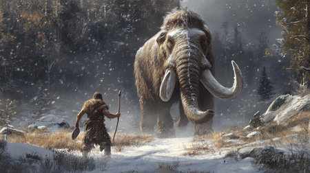 A caveman with a stone spear tracks a woolly mammoth in a snowy, ancient wilderness, ready for the huntの素材