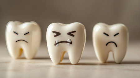 Toy teeth with a frowning face, highlighting the concept of dental health issues and cavities, on a light-colored backdropの素材