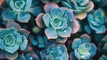 Close-up of dew-covered succulent plants with a focus on their intricate textures and water droplets.の素材