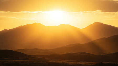 Sun setting behind a mountain range, casting golden light across the landscape.の素材