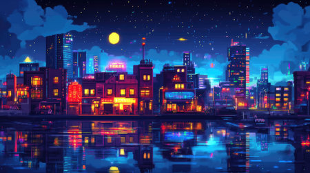 Retro 8-bit city at night with pixel buildings, flashing lights, and a neon sky.の素材